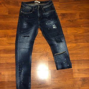 Zara dark wash denim jeans with patches & paint design